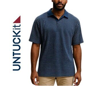 UNTUCKit, Peyton, Men’s Striped Pullover Short Sleeve Polo Shirt, Navy, White